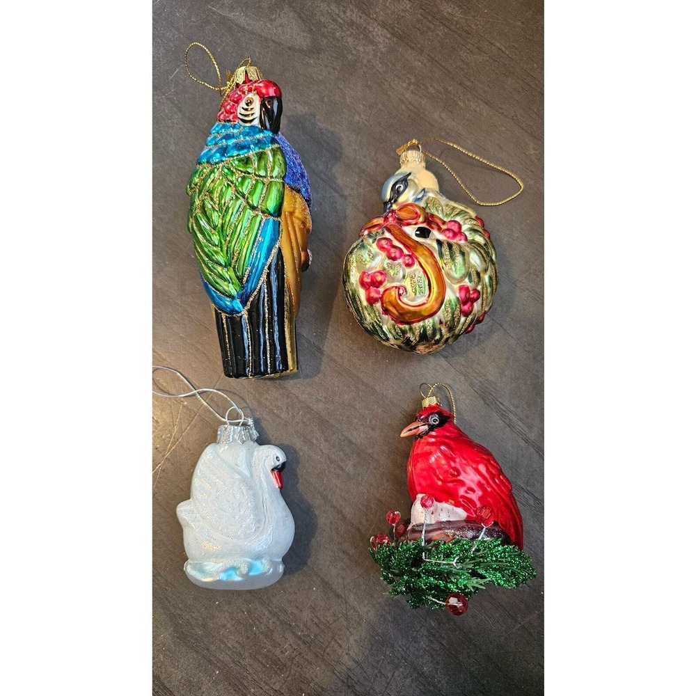 Beautiful bird ornaments 4 pack swan, parrot, cardinal Christmas ornaments